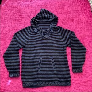 Artisan alpaca Striped Black and Gray hooded  Sweater, S